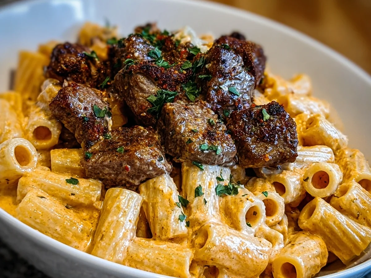 Cajun Steak Tips & Cheesy Rigatoni Parmesan Sauce - Image 1