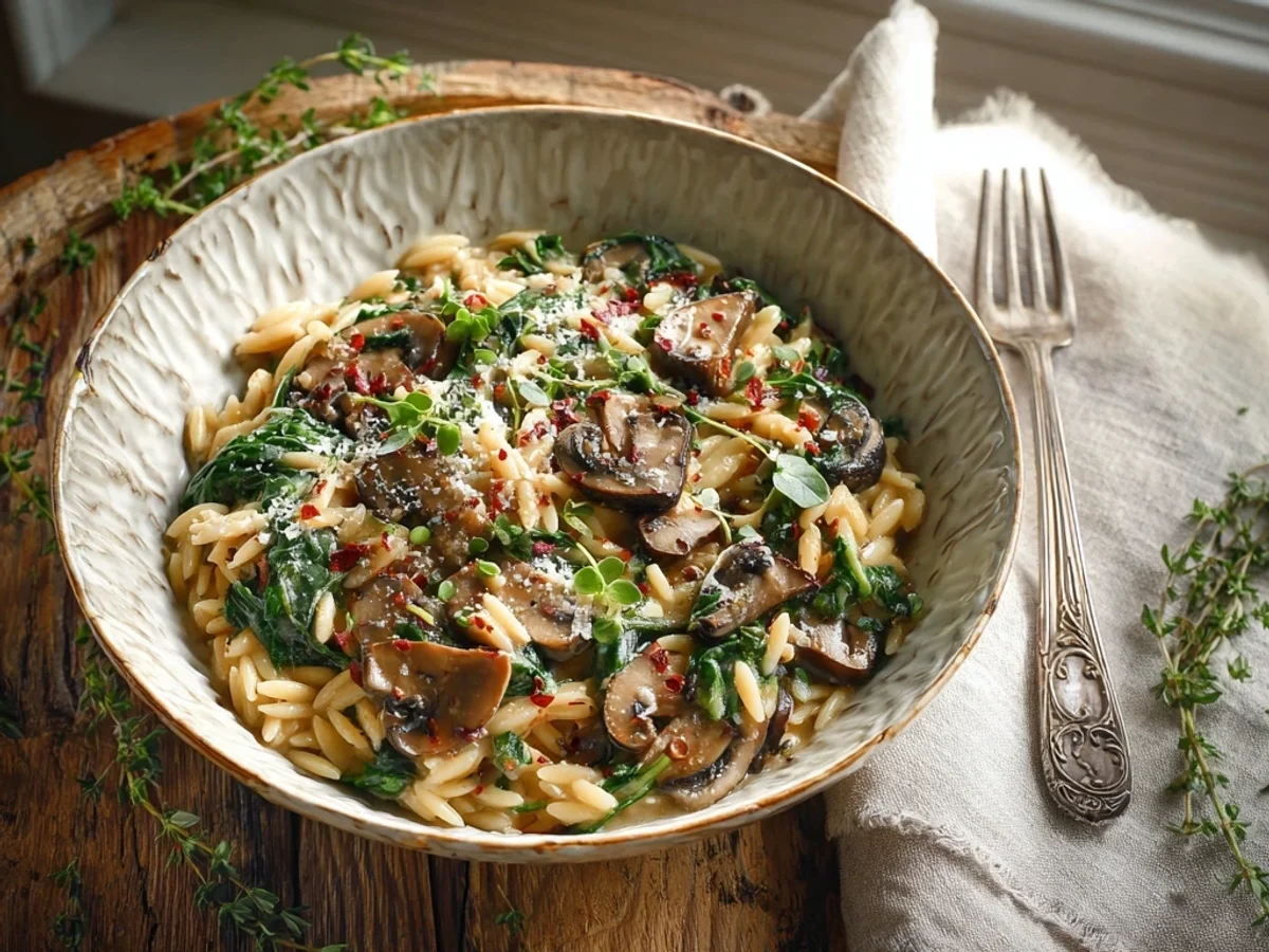 Creamy Spinach Mushroom Orzo: A Simple Skillet Meal - Image 1
