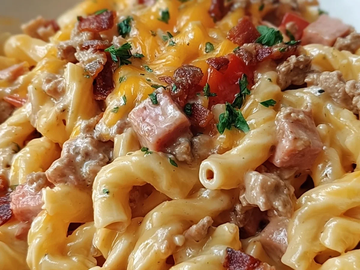 Hearty Loaded Turkey Ham Cheeseburger Pasta Skillet - Image 1