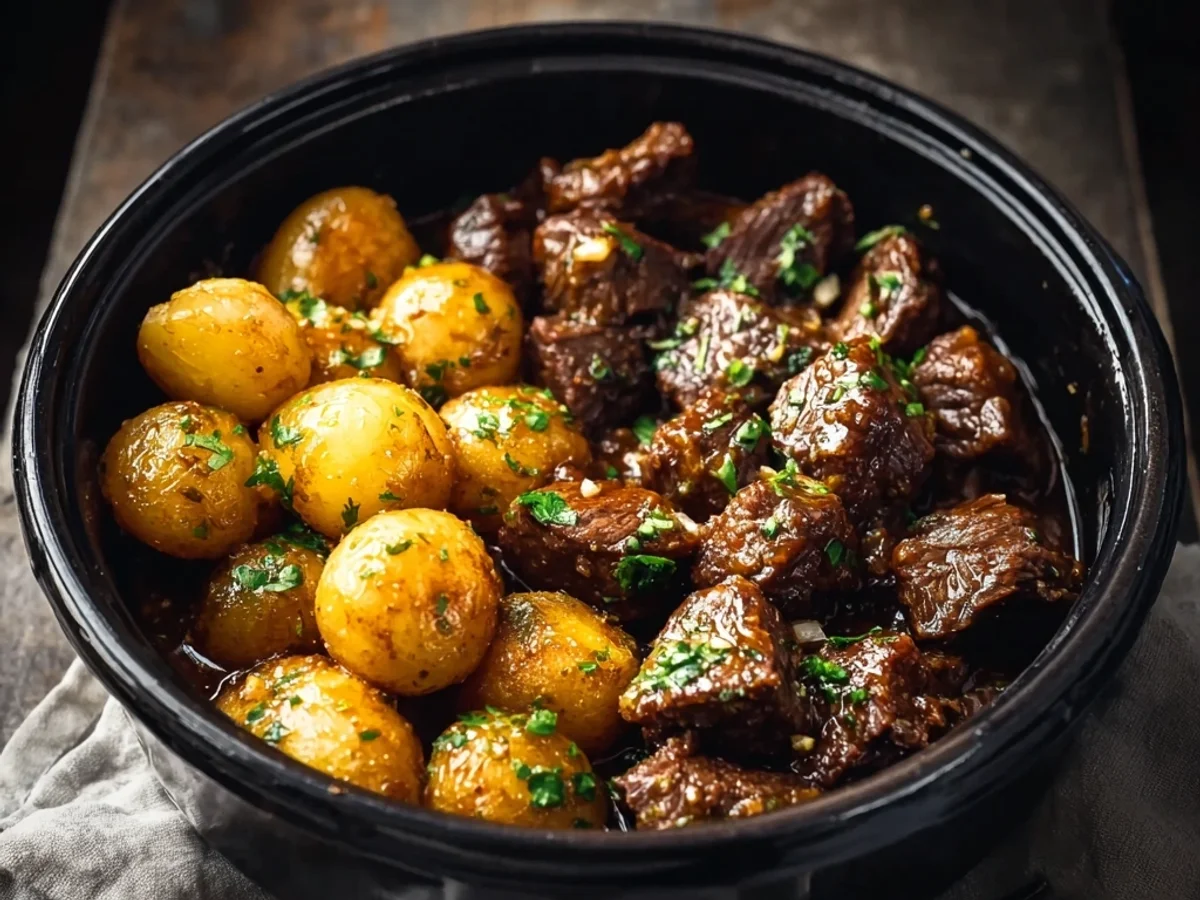 Tender Slow Cooker Garlic Butter Beef Bites with Potatoes - Image 1