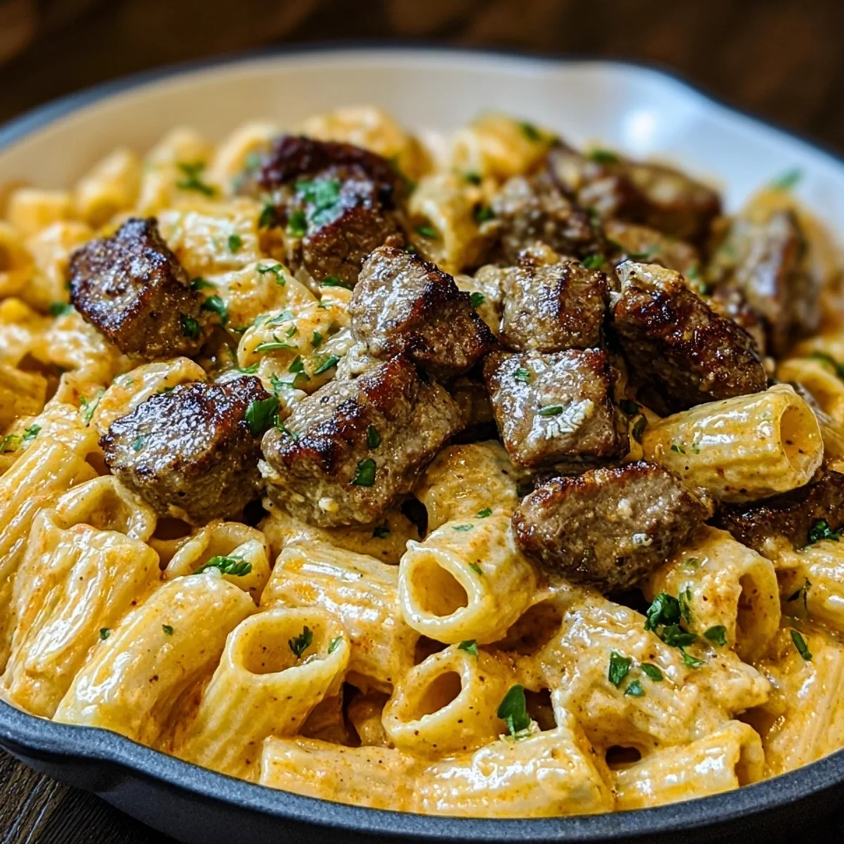 Cajun Steak Tips & Cheesy Rigatoni Parmesan Sauce