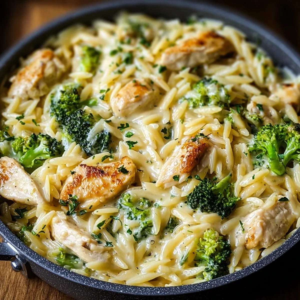 Cheesy Chicken Broccoli Orzo One-Pan Creamy Dinner