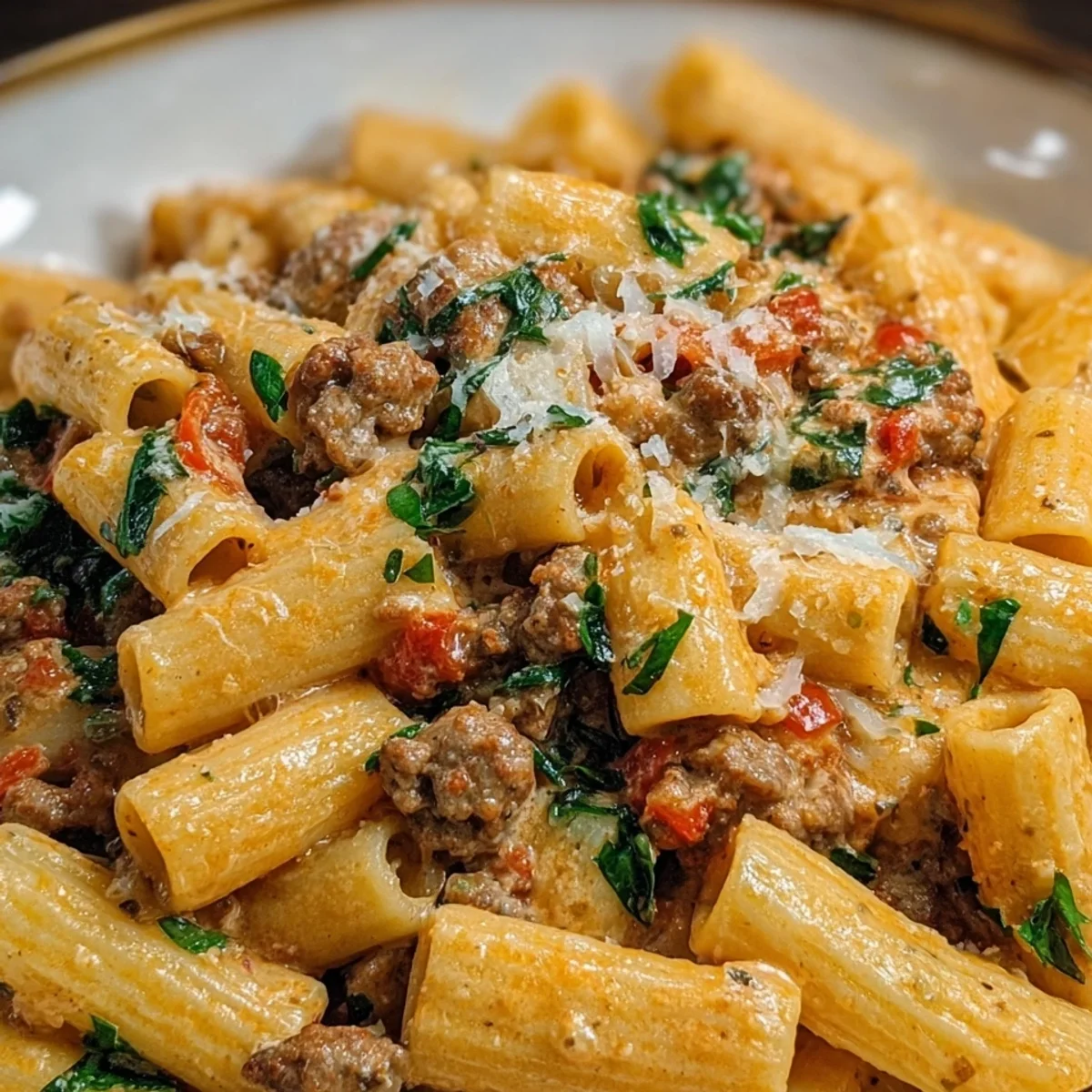 Creamy Beef Sausage Rigatoni Pasta Recipe