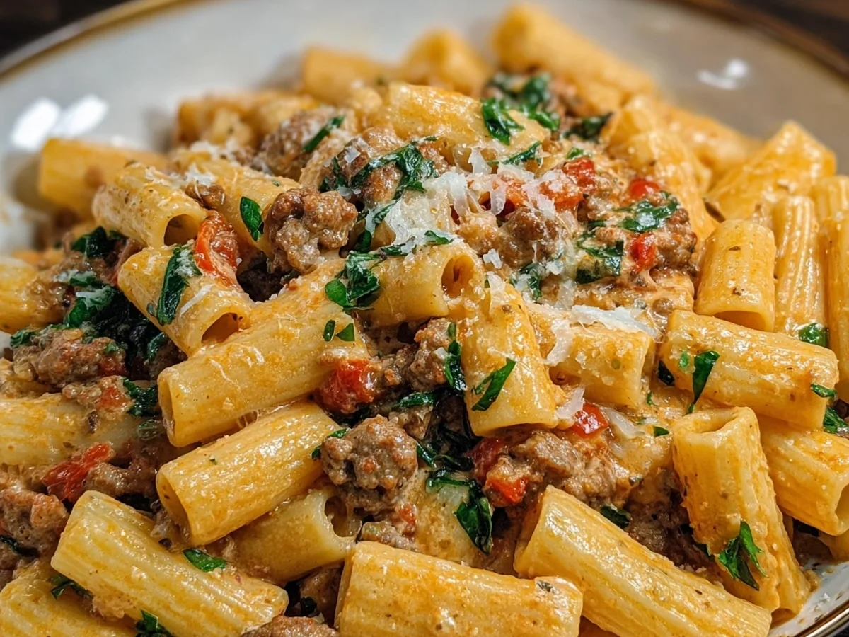 Creamy Beef Sausage Rigatoni Pasta Recipe - Featured Image