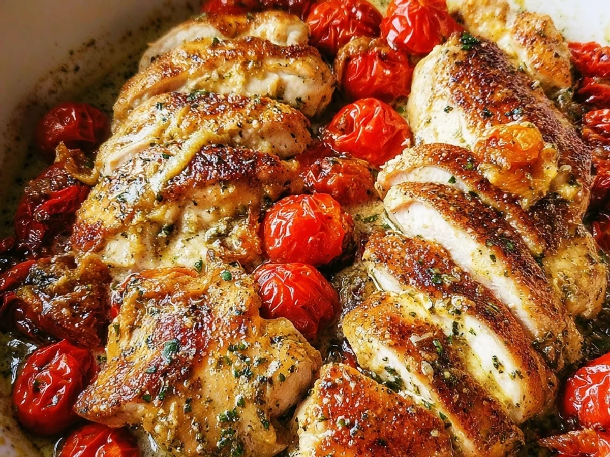 Creamy Pesto Chicken & Roasted Tomatoes Dinner - Featured Image