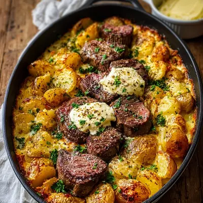 Garlic Butter Steak & Cheddar Potato Bake: A Hearty Meal