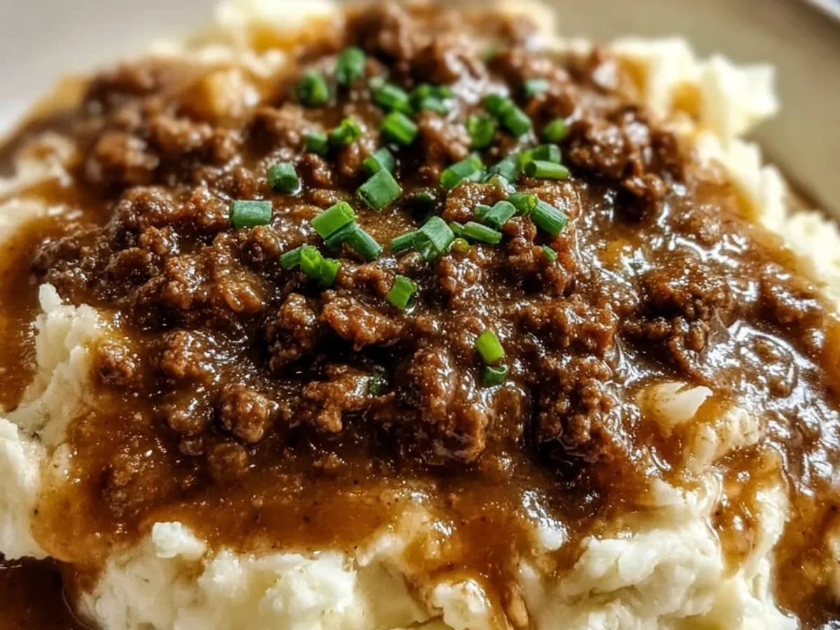 Homestyle Hamburger Gravy Over Mashed Potatoes - Featured Image