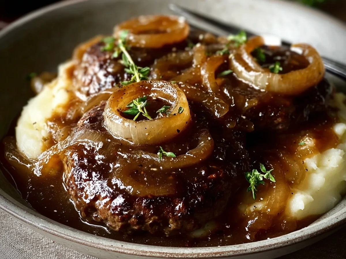 Homestyle Hamburger Steak with Onions and Gravy - Featured Image
