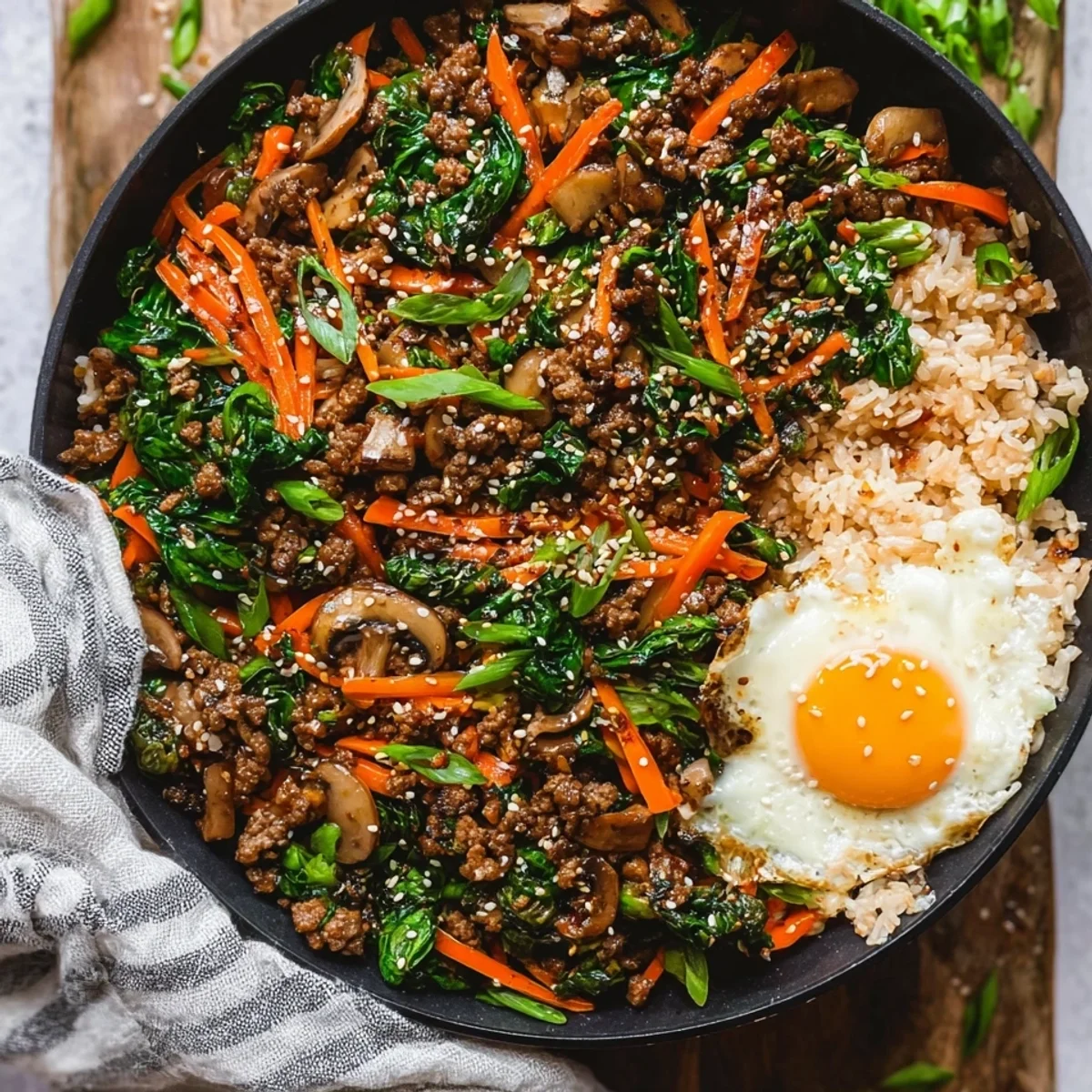 One Skillet Bibimbap with Ground Beef & Veggies
