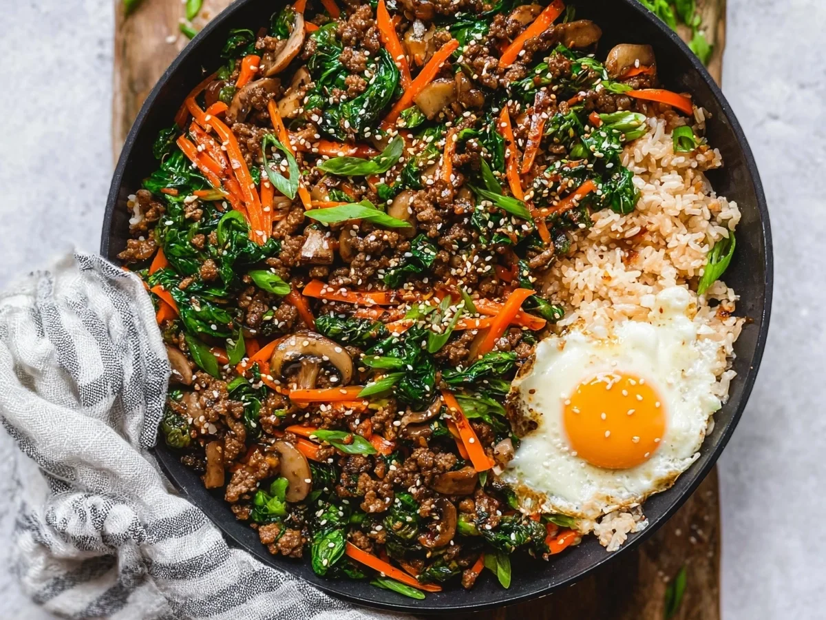 One Skillet Bibimbap with Ground Beef & Veggies - Featured Image