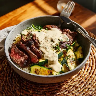 Smoky Grilled Steak Bowl with Zucchini & Creamy Sauce