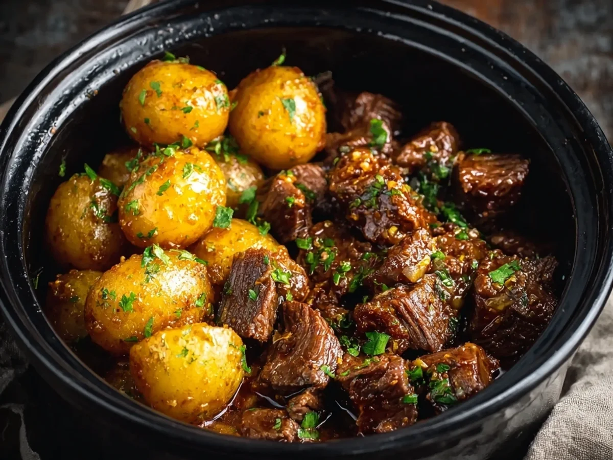 Tender Slow Cooker Garlic Butter Beef Bites with Potatoes - Featured Image