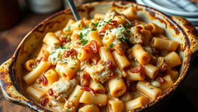 Creamy French onion chicken pasta bake