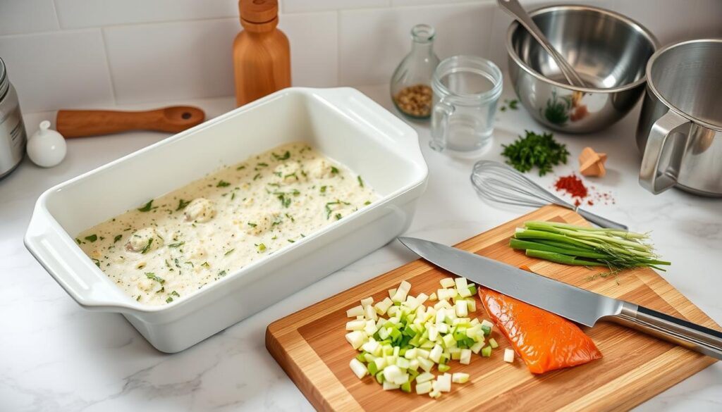 Kitchen tools for layered vegetable and fish casserole