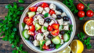 Mediterranean tuna salad with creamy feta dressing