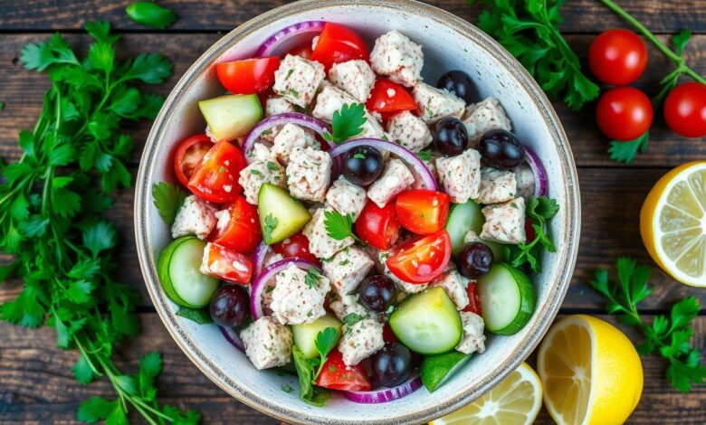 Mediterranean tuna salad with creamy feta dressing