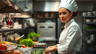 photo cheffe cuisinière americaine dans la cuisine avec une blouse blanche