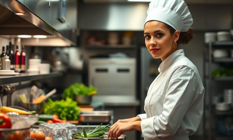 photo cheffe cuisinière americaine dans la cuisine avec une blouse blanche