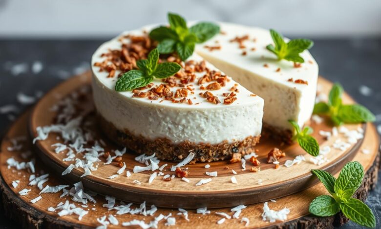 raw cheescake the crast with date and oilseeds and oatmeal and the filling of co