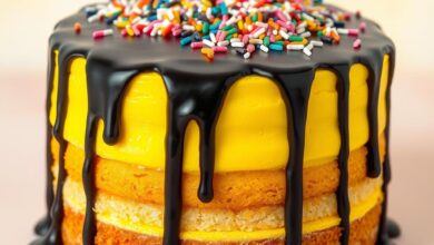 A vibrant yellow cake with black drip and colorful sprinkles