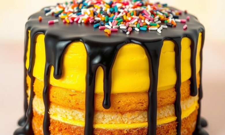 A vibrant yellow cake with black drip and colorful sprinkles