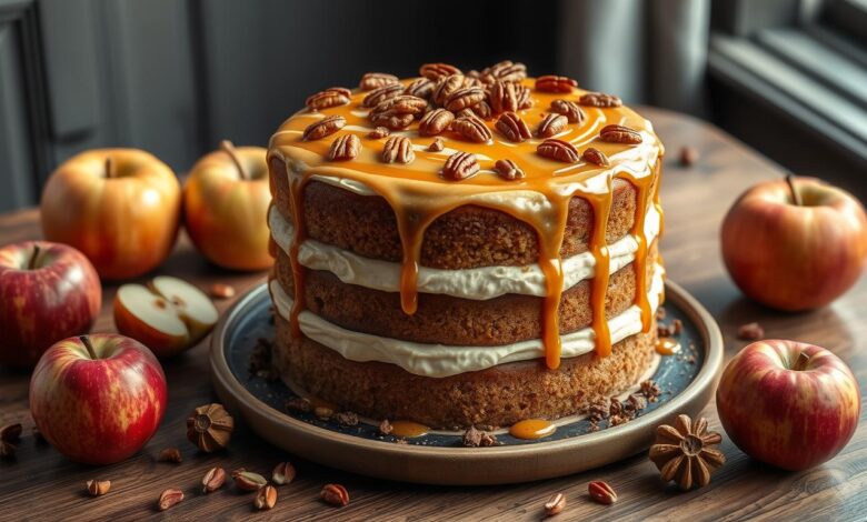 Apple Cardamom Cake with Caramel Pecan Butter Frosting