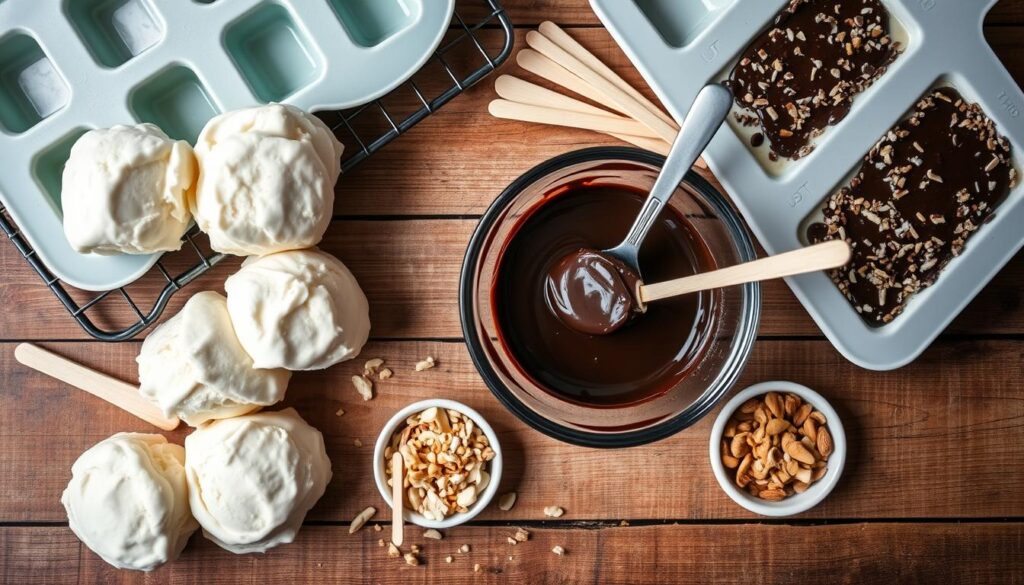 Homemade chocolate-covered ice cream bar ingredients and equipment