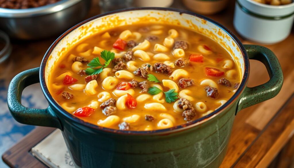 one-pot macaroni cheeseburger soup